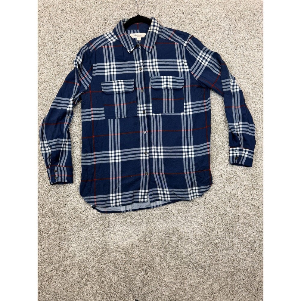 Two by Vince Camuto Women's S Blue Plaid Button Down Shirt 100% Viscose Pockets